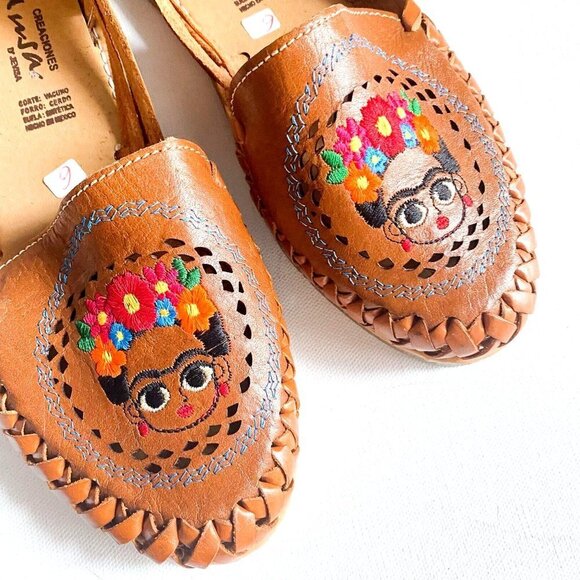 NEW  Handmade Leather Mexican Woven Sandals w Frida Kahlo Embroidery 9 - Picture 3 of 10